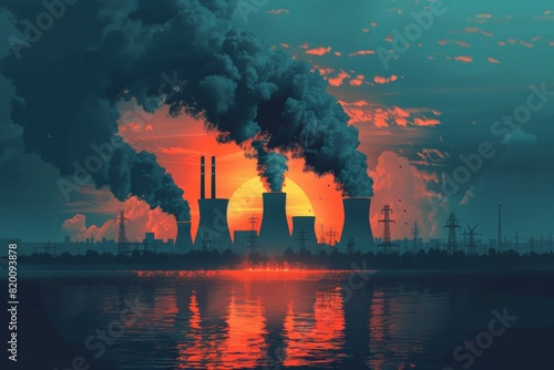 Illustration of power plant sunset. Thick smoke from cooling towers. Large red sun behind plant. Reflection on water. Dark  dramatic sky. Concept pollution and environmental impact...