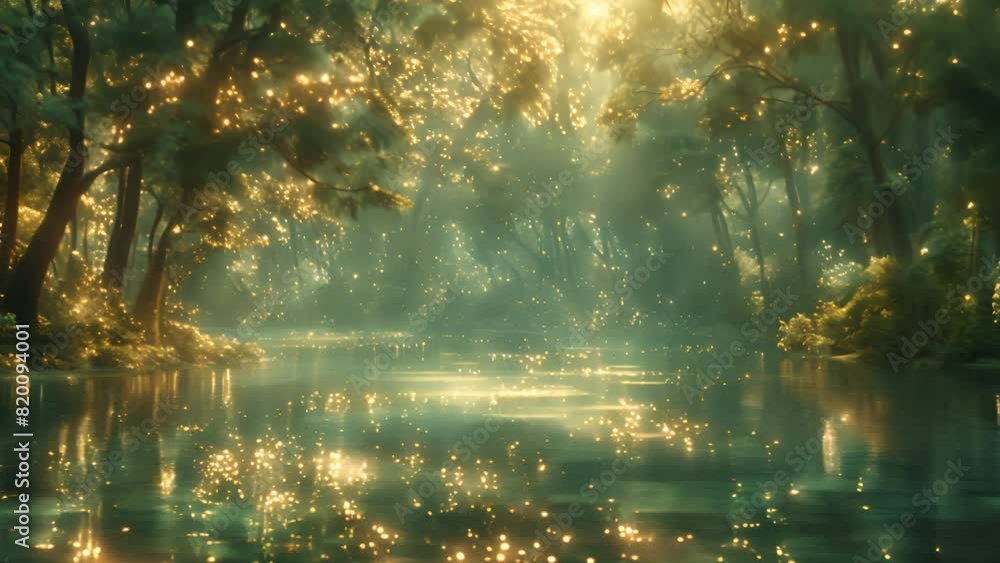 A forest river filled with lots of yellow fireflies A forest river filled with lots of yellow fireflies