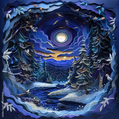 Winter forest 3d and moonlight