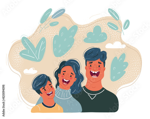 Cartoon vector illustration of smiling mom dad and son sitting together enjoy the holiday afternoon time and watch comedy movie.