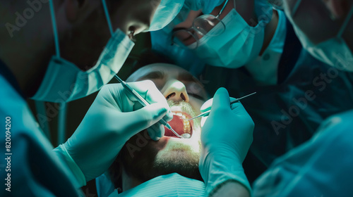 A dentist performing a root canal on an adult, demonstrating complex dental procedures. Dynamic and dramatic composition, with cope space photo