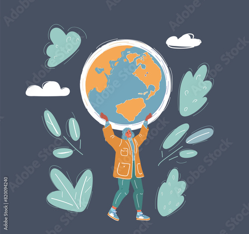 Cartoon vector illustration of woman who saving world on dark backround.