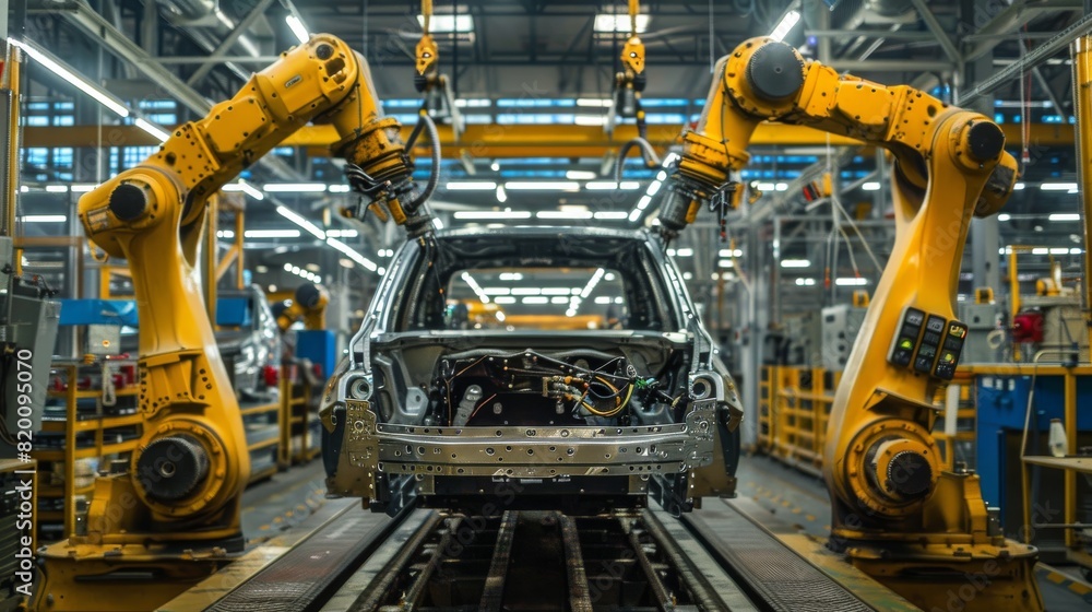 Automated robotic arms are used to assemble cars in a hightech manufacturing factory with precision and efficiency to enhance productivity and streamline the manufacturing process