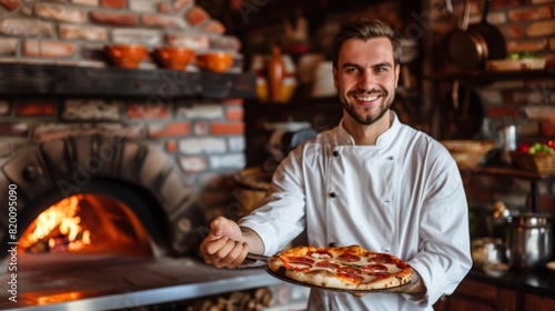 Smiling Chef Presenting Fresh Pizza