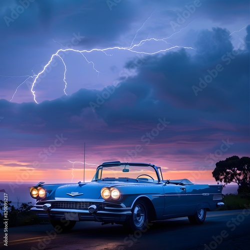 A retro car driving on a highway under stormy clouds at sunset