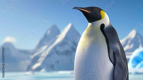 Majestic emperor penguin standing on icy terrain with beautiful snow-covered mountains in the background under a clear blue sky.