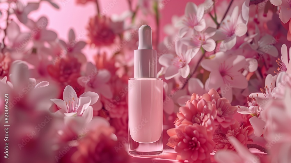 A white serum in pink background with flowers. A white serum in pink background with flowers.