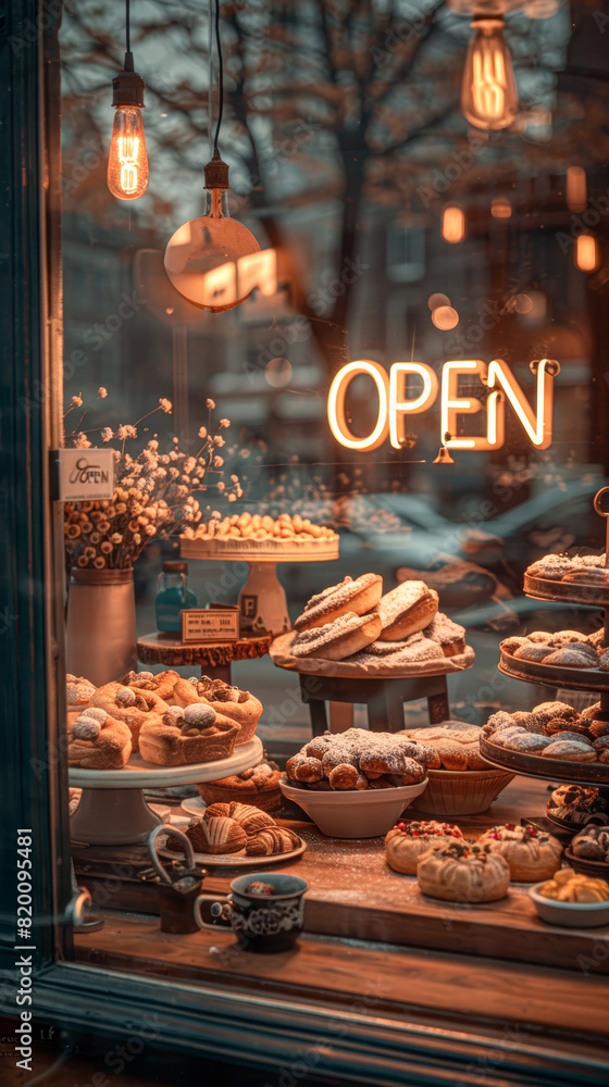 Obraz premium an inviting bakery window at dusk, the warm lights illuminating a variety of delectable pastries and an alluring neon 