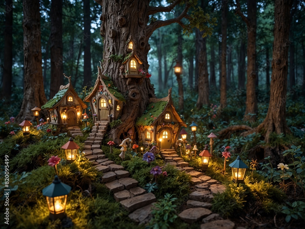 Fototapeta premium Hidden Fairy Village: Discover the Tiny Fairy Houses in an Enchanted Forest