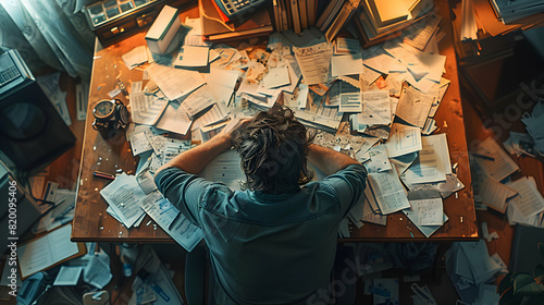 Photo realistic concept of employee frustrated with cluttered desk, showcasing impact on time management and productivity in workplace environment