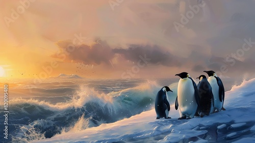 Penguins standing on an icy shore as a dramatic sunset casts a warm glow over turbulent ocean waves in the background.