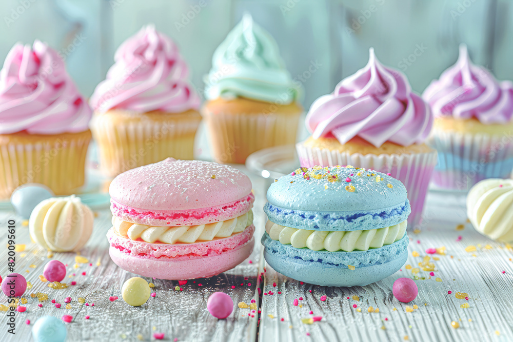 a variety of handcrafted desserts, with a focus on a trio of brightly colored macarons in the foreground a variety of handcrafted desserts, with a focus on a trio of brightly colored macarons in the foreground