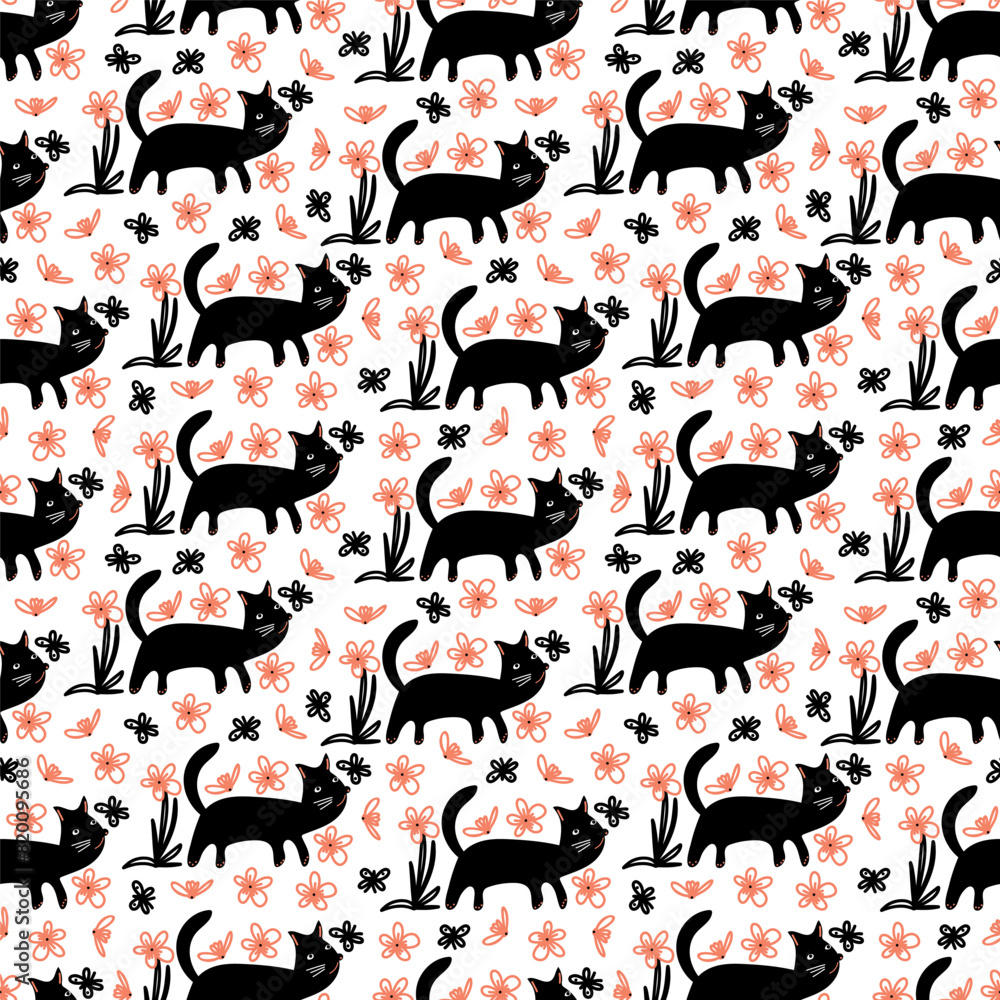 Obraz premium Vector seamless pattern cute black cats and flowers, butterflies on the white background. Texture for print, wrapping paper, cover, decor, banners.