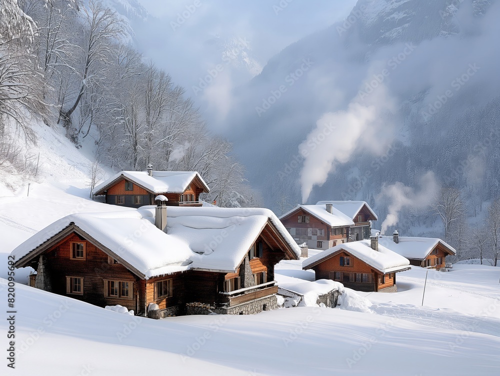 A small village in the mountains with snow on the roofs of the houses. The houses are small and cozy, and the snow-covered landscape creates a peaceful and serene atmosphere A small village in the mountains with snow on the roofs of the houses. The houses are small and cozy, and the snow-covered landscape creates a peaceful and serene atmosphere