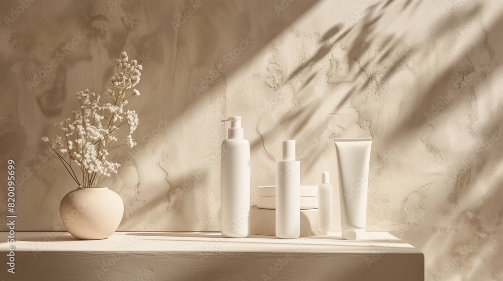 Beauty products on a podium in a clay colored background. Beauty products on a podium in a clay colored background.