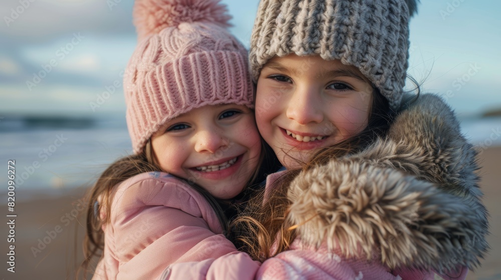 Happy kids hugging in nature for vacation or summer vacation. Happiness, love, youngsters smiling, best friends, siblings, and pleasant adolescent friendships Happy kids hugging in nature for vacation or summer vacation. Happiness, love, youngsters smiling, best friends, siblings, and pleasant adolescent friendships