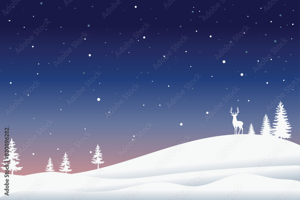 A fairytale winter landscape. Christmas background. There is a fantastic silhouette of white trees and deer with a dark background. Vector illustration