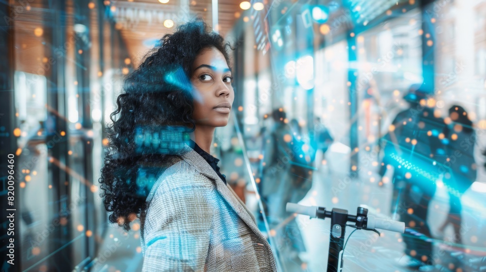 Data or graphs over businesswoman, scooter, and city or street travel. Double exposure, electric moped, or black female working in sustainable transport to reduce carbon footprint Data or graphs over businesswoman, scooter, and city or street travel. Double exposure, electric moped, or black female working in sustainable transport to reduce carbon footprint