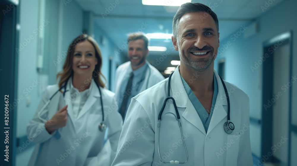 In a bustling hospital corridor, doctors and medical staff in white coats work together harmoniously, creating a positive atmosphere in the healthcare industry, promoting teamwork and professionalism In a bustling hospital corridor, doctors and medical staff in white coats work together harmoniously, creating a positive atmosphere in the healthcare industry, promoting teamwork and professionalism