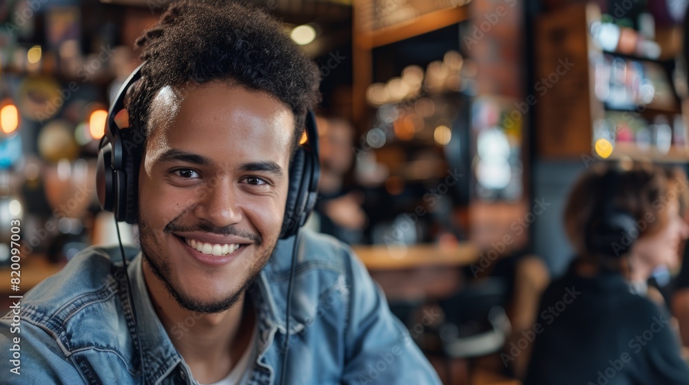 Portrait, smiling, and man in headphones at home listening to music, streaming media, or audio. Happy face, radio, hearing sound, podcast, jazz song on technology for freedom Portrait, smiling, and man in headphones at home listening to music, streaming media, or audio. Happy face, radio, hearing sound, podcast, jazz song on technology for freedom