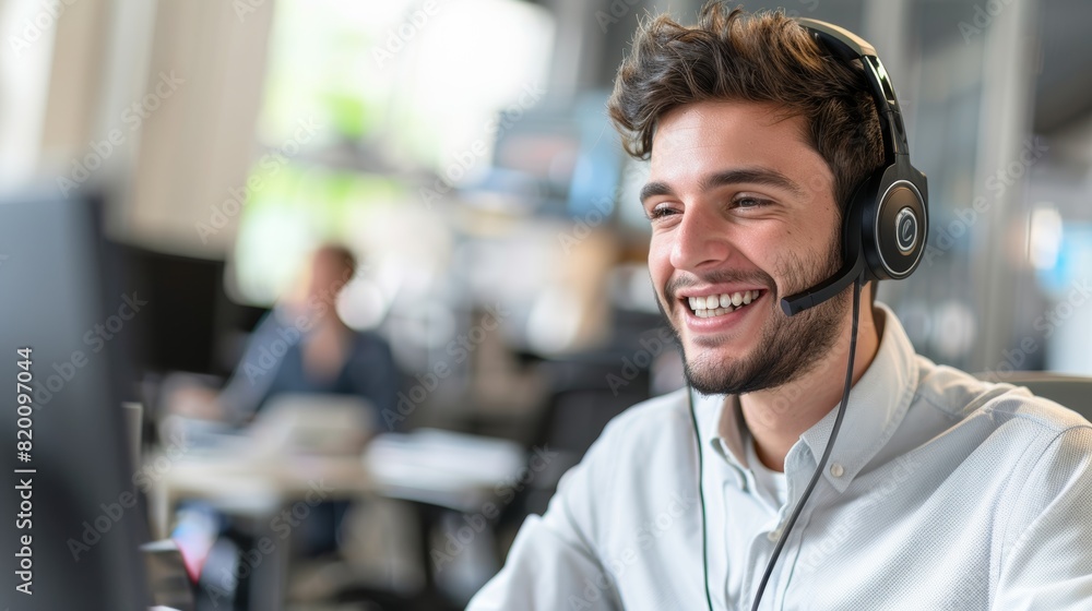 Telemarketing, customer service, and headset communication. Happy male telecom sales consultant and employee with headset, crm, and tech support. Telemarketing, customer service, and headset communication. Happy male telecom sales consultant and employee with headset, crm, and tech support.