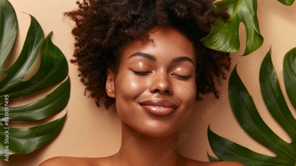 On studio background, woman, face, and monstera leaves for beauty, natural cosmetics, and aesthetic wellness. Happy African model, green flora, vegan dermatology, skincare, and radiance sustainability On studio background, woman, face, and monstera leaves for beauty, natural cosmetics, and aesthetic wellness. Happy African model, green flora, vegan dermatology, skincare, and radiance sustainability