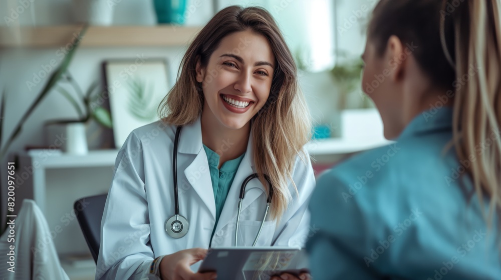 A female doctor is happily providing health care to a patient in a modern clinic, focusing on wellness. They are discussing diagnosis, treatment, and medical help during the consultation A female doctor is happily providing health care to a patient in a modern clinic, focusing on wellness. They are discussing diagnosis, treatment, and medical help during the consultation