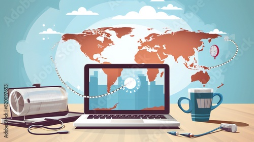 Concept of international medical travel insurance featuring an airplane, computer, passport, stethoscope, and desk office banner with a world map