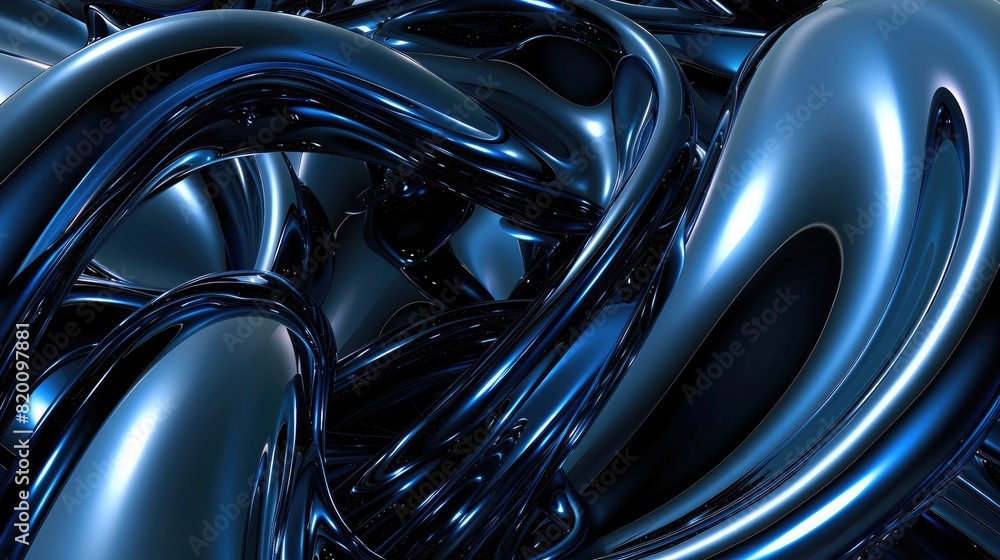 3D render of an abstract background with blue and black colors, a beautiful metal sculpture with shiny reflections, fluid organic shapes, 