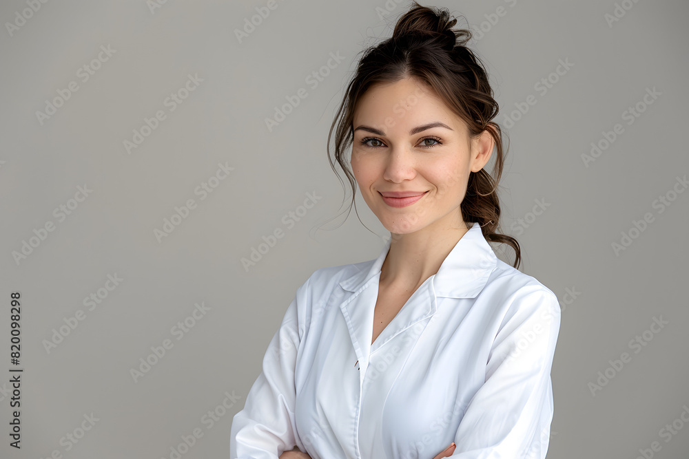 A doctor in white doctor coat uniform on a grey background smiling and looking in the camera in a studio against a plain background A doctor in white doctor coat uniform on a grey background smiling and looking in the camera in a studio against a plain background