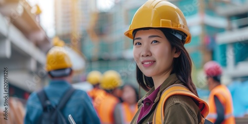 Leadership, tablet, or joy Asian woman contractor smiles for construction management or engineering achievement. Leading or managing safety helmet or vision development logistics © LukaszDesign