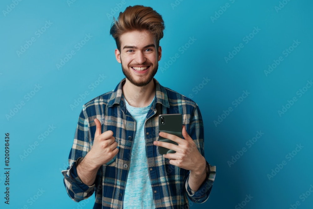 Portrait, phone, and eager man pointing on blue background for social media marketing in studio. Contact, notification, or alert with a smiling young person on a cellphone device. Portrait, phone, and eager man pointing on blue background for social media marketing in studio. Contact, notification, or alert with a smiling young person on a cellphone device.