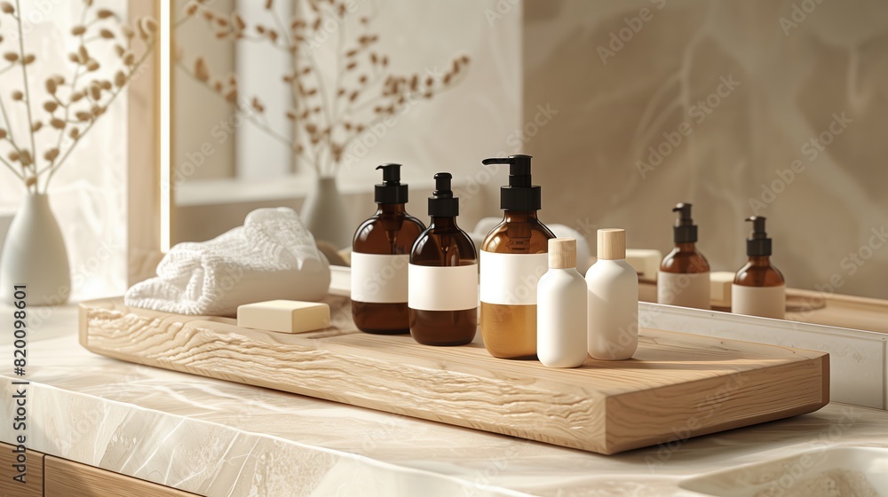 A mockup of white and black skincare tubes on a wooden tray. A mockup of white and black skincare tubes on a wooden tray.