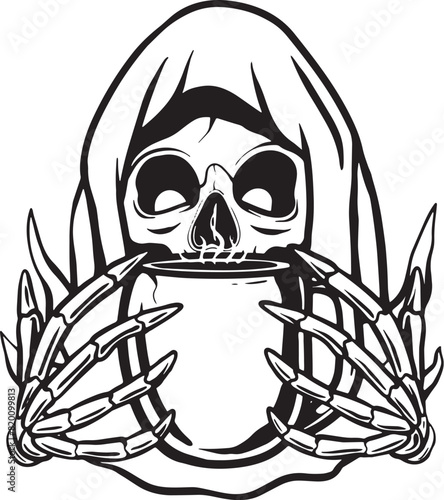 i love coffee deed skull drinking coffee silhouette vector clipart illustration