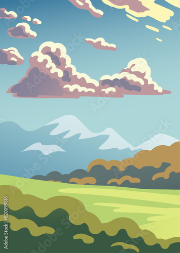 Summer landscape of nature. Panorama with green forests, hill, fields and evening sky with clouds. Rural scener. Cartoon vector illustration for background