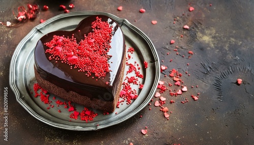 Creative Food Concept: Heart-Shaped Dark Chocolate Cake with Red Sprinkles on Rustic Industrial Table. Copy Space.