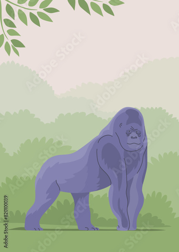 Big monkey gorilla on the background of wildlife. Anthropoid primate. Great ape. Wild african animal. Fauna and zoology. Flat vector illustration