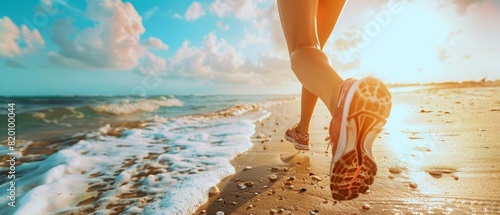 Jogging on the beach, summer fitness, close up, active lifestyle, vibrant, overlay, economic health benefits backdrop