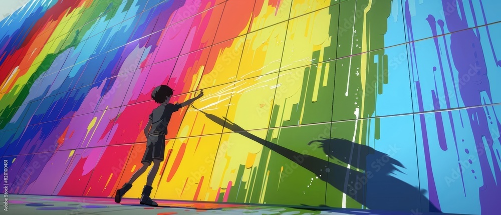 Fototapeta premium Anime character painting a pride mural, artistic expression, focus on, creative support, whimsical, manipulation, anime background