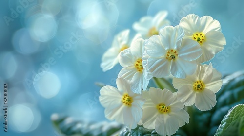 Spring Forest White Flowers & Primroses on Blue Macro Floral Background - Romantic Artistic Image for Desktop Wallpaper or Postcard © hisilly