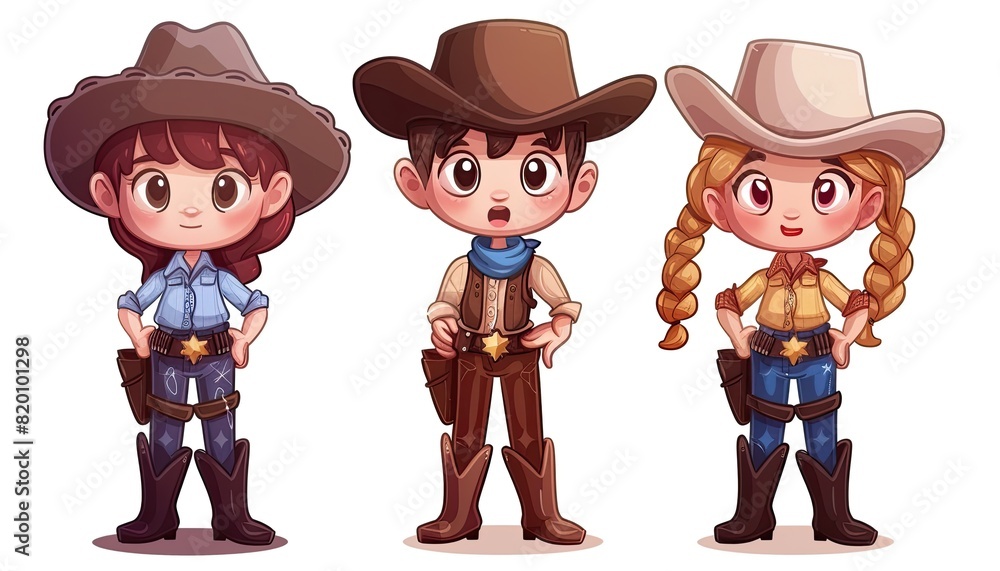 Three children in cowboy hats and boots by AI generated image Three children in cowboy hats and boots by AI generated image