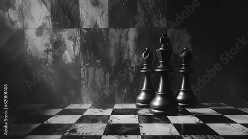 Close-up of a classic black and white chess board with chess pieces