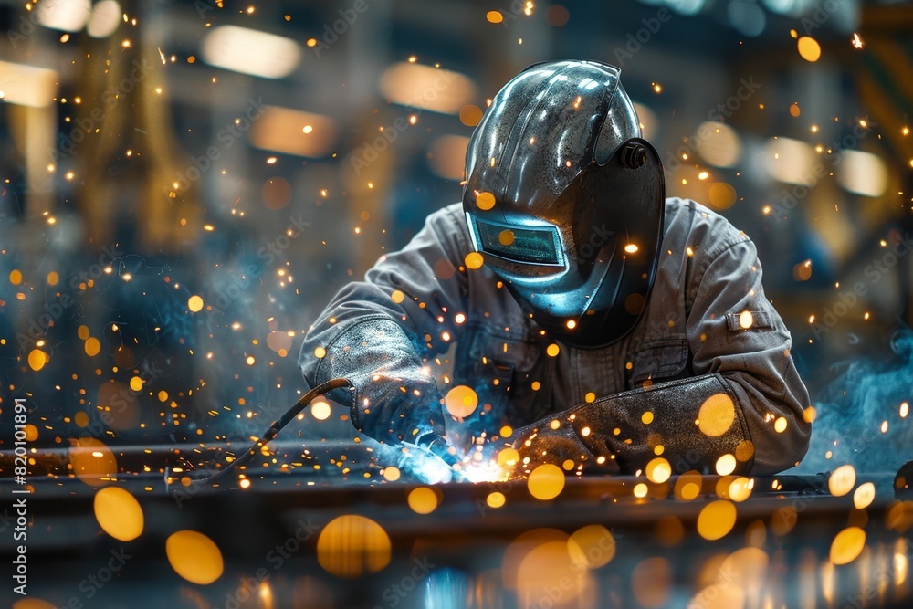 A man in a welding suit is working on a piece of metal A man in a welding suit is working on a piece of metal