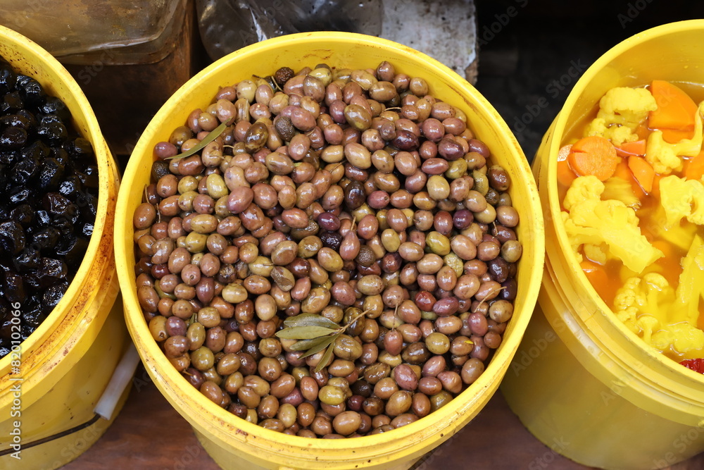 Pickled and salted vegetables are sold at a city bazaar in Israel. Pickled and salted vegetables are sold at a city bazaar in Israel.