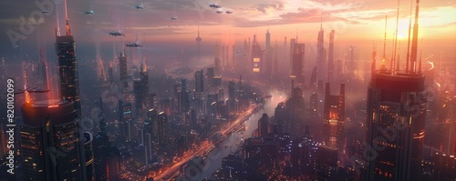 Futuristic cityscape at dawn  gleaming skyscrapers  flying cars  neon lights reflecting off glass surfaces  CG 3D render  ultra-detailed  breathtaking and dynamic atmosphere