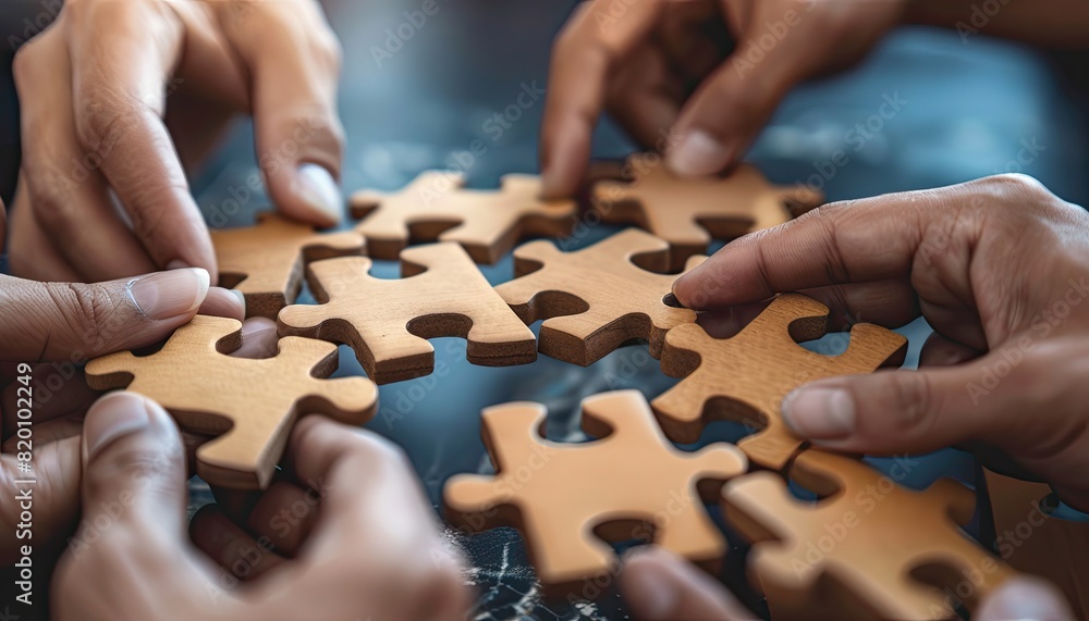 A group of people are working together to solve a puzzle by AI generated image A group of people are working together to solve a puzzle by AI generated image