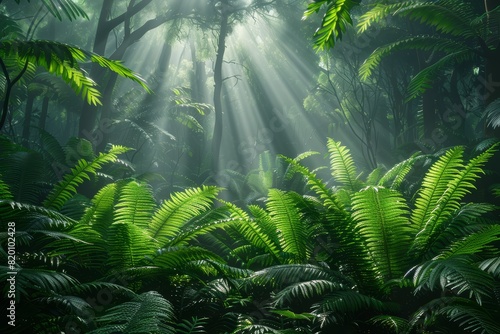 Wide-angle view of a lush  green ferns in a dense forest  diffused sunlight filtering through leaves  photorealistic details  gentle morning mist  vibrant and serene atmosphere