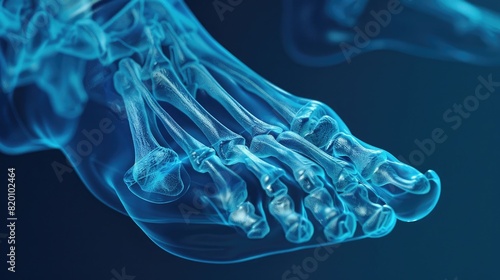 3d render of human foot bones, Xray perspective, blue background, medical illustration