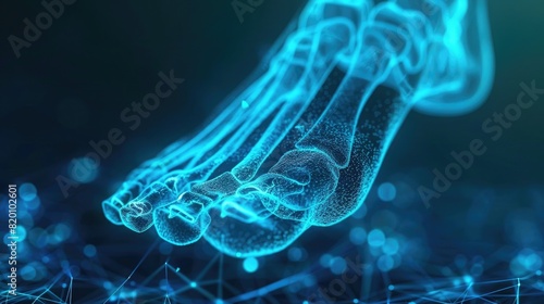3d render of human foot bones, Xray perspective, blue background, medical illustration photo