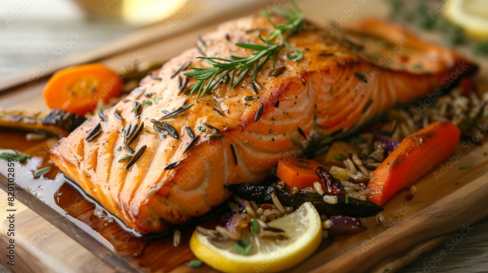 Grilled cedar-plank salmon with a maple glaze, served with roasted vegetables and wild rice pilaf, perfect for a gourmet meal. Grilled cedar-plank salmon with a maple glaze, served with roasted vegetables and wild rice pilaf, perfect for a gourmet meal.